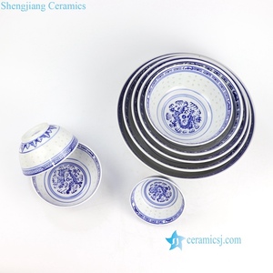 Jingdezhen — ensemble de 8 bols en céramique, RZKG01, trou de riz, motif dragon <span class=keywords><strong>bleu</strong></span>, ancien Jingdezhen - Product Image 4