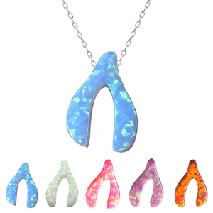 Women Fashion Jewelry Birthday Gift Synthetic Blue Opal Wishbone Pendant 925 Silver Chain Necklace