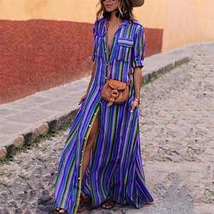 Summer Hot Sale Button Long Color Striped <strong>Dress</strong> Shirt <strong>Fringe</strong> Maxi <strong>Dress</strong> - Product Image 6