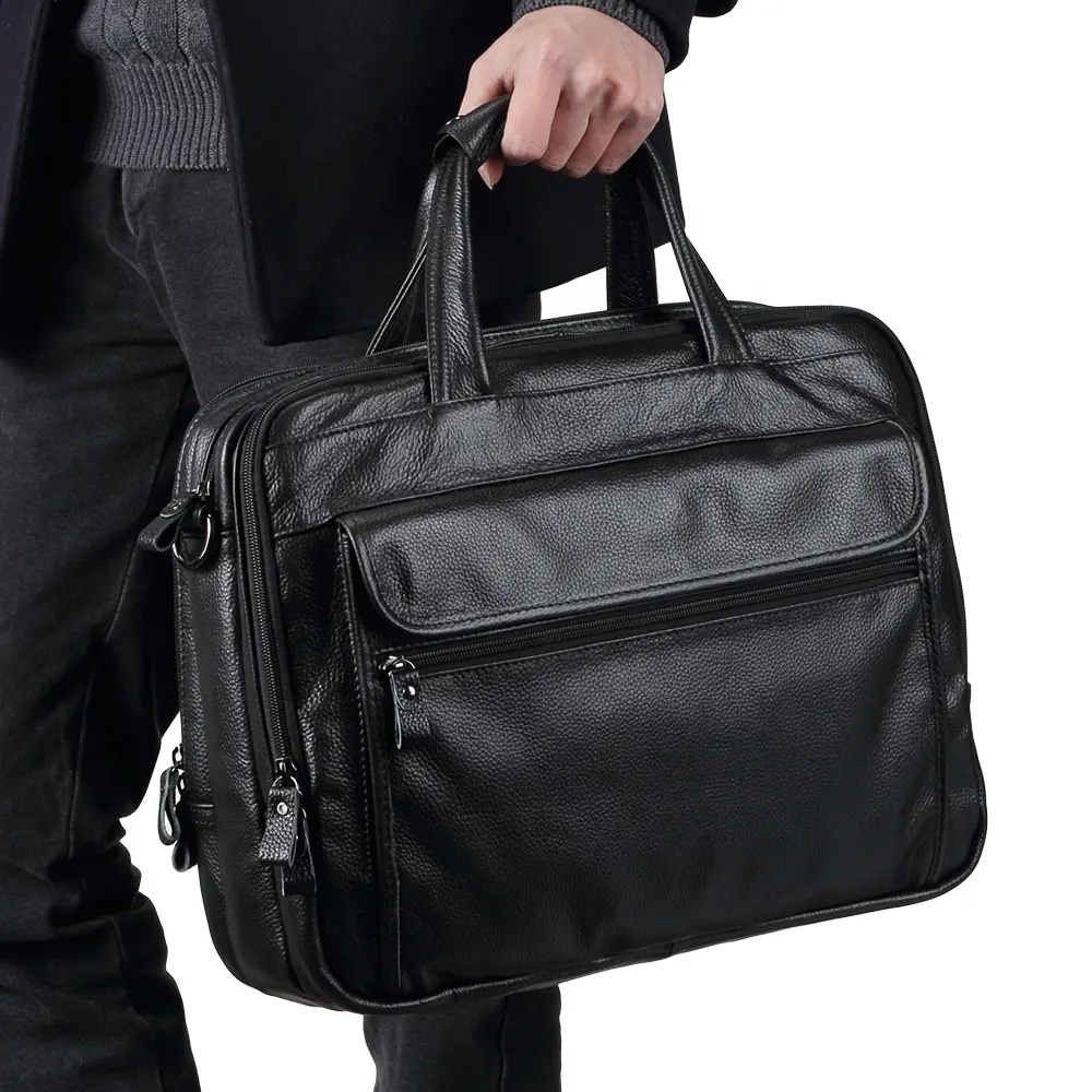 Luxus Reise Echtem Leder Messenger Schwarz Aktentasche Sling Büro Herren Business Schulter Laptop Tasche Aktentasche Für 15,6 zoll