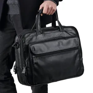 Viagens de luxo de Couro Genuíno saco do Mensageiro Maleta Preta Funda Escritório Ombro Dos Homens de Negócios Bolsa Para Laptop Maleta De 15.6 polegadas