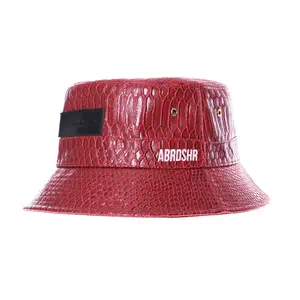 Qianzun Factory <strong>Red</strong> Waterproof Leather Patch Embossed Your Own logo Custom Pu Leather <strong>Bucket</strong> <strong>Hat</strong> for Women Ladies - Product Image 2