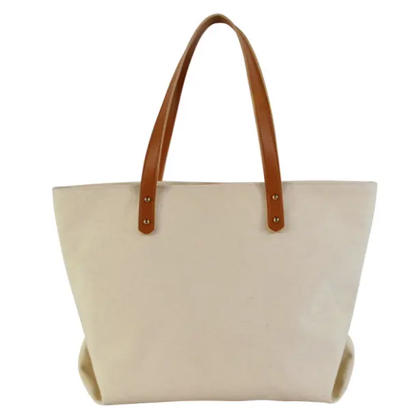 Bolsa de lona de praia para compras, venda quente, bolsa de lona promocional em branco com alça de couro marrom