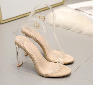 صنادل نسائية جذابة بكعب كتلة مستديرة شفافة شفافة من الأمام - Product Image 6