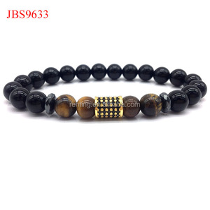 Pulsera clásica para hombre, Ágata negra Natural, Ojo de Tigre, hematita, CZ, abalorios, elegante diseño elástico, Gift-JBS10206 Ortodoxa - Product Image 5