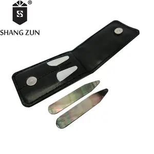 Wholesale Customized Pure Mother of Pearl Shell 4 PCS Collar Stays in Black PU Wallet Wedding Gift for Men's and Women's Shirt