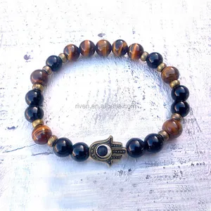 SN0592 Healing Calming Jewelry Black Onyx Hamsa Tiger's Eye Men Lava Fatima Hand Bracelet