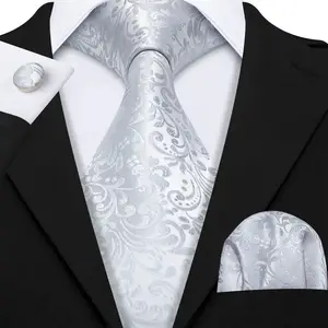 LELE Wholesale Classic Floral White Grey Custom Silk Ties White Jacquard Men Necktie And Pocket Square Set