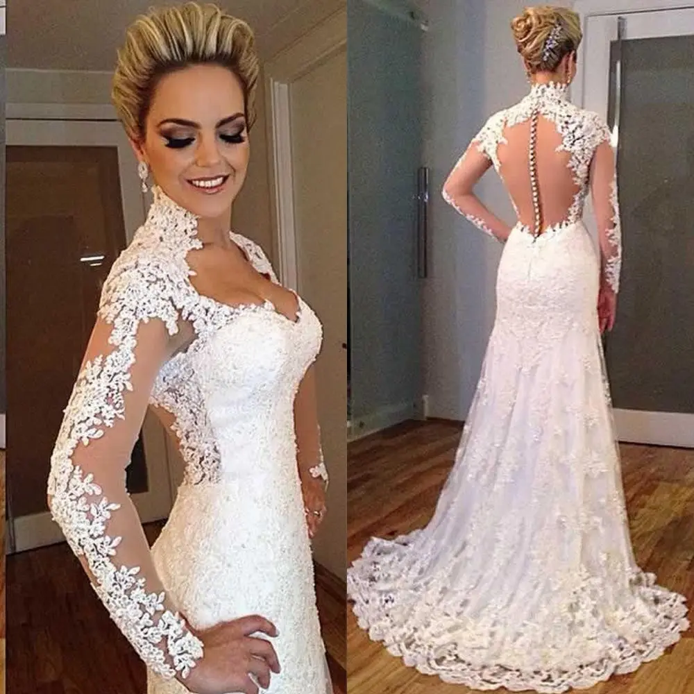 Abiti da sposa a maniche lunghe in pizzo a sirena di grandi dimensioni bianchi personalizzati con perline a collo alto MWA221