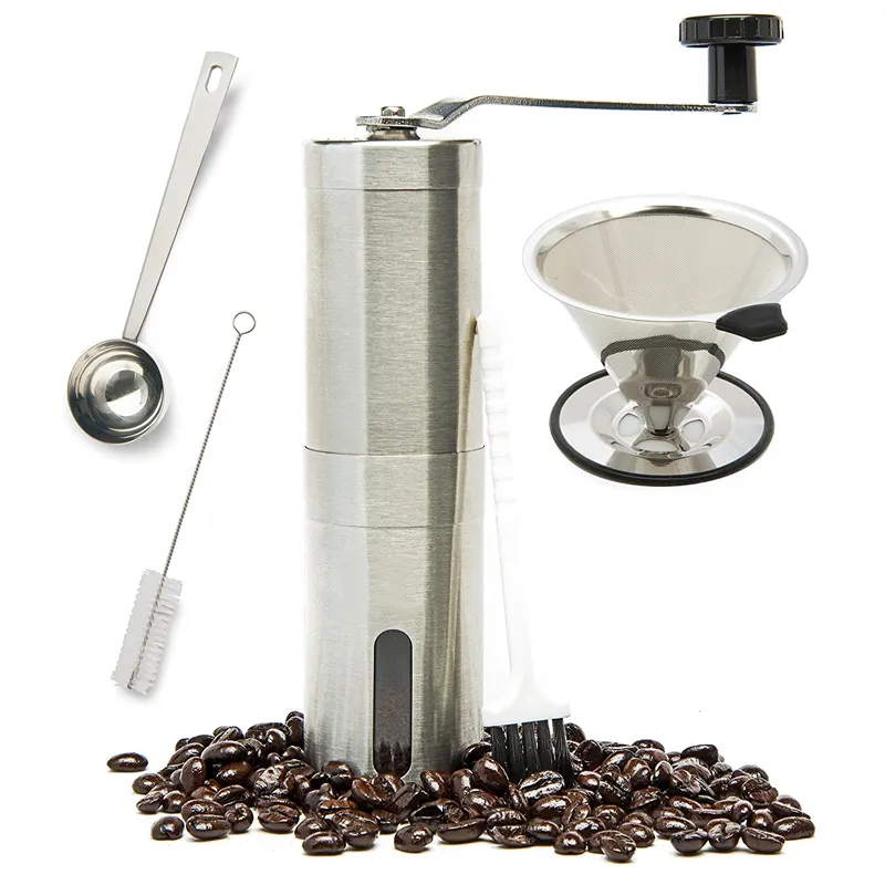 Conical Burr Coffee Grinder Stainless Steel Hand Crank Travel Set with Pour Over Coffee Dripper Coffee Maker