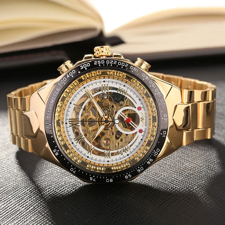 famous brand luxury winner self wind mechanical watch men fashion skeleton dial gold steel sports vintage automatic analog watch