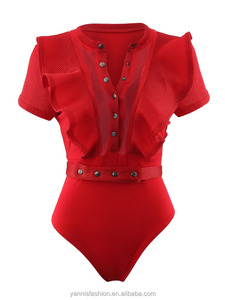 Женское боди с оборками, красное Сетчатое облегающее боди с вырезами, лето, EZC2259 - Product Image 6