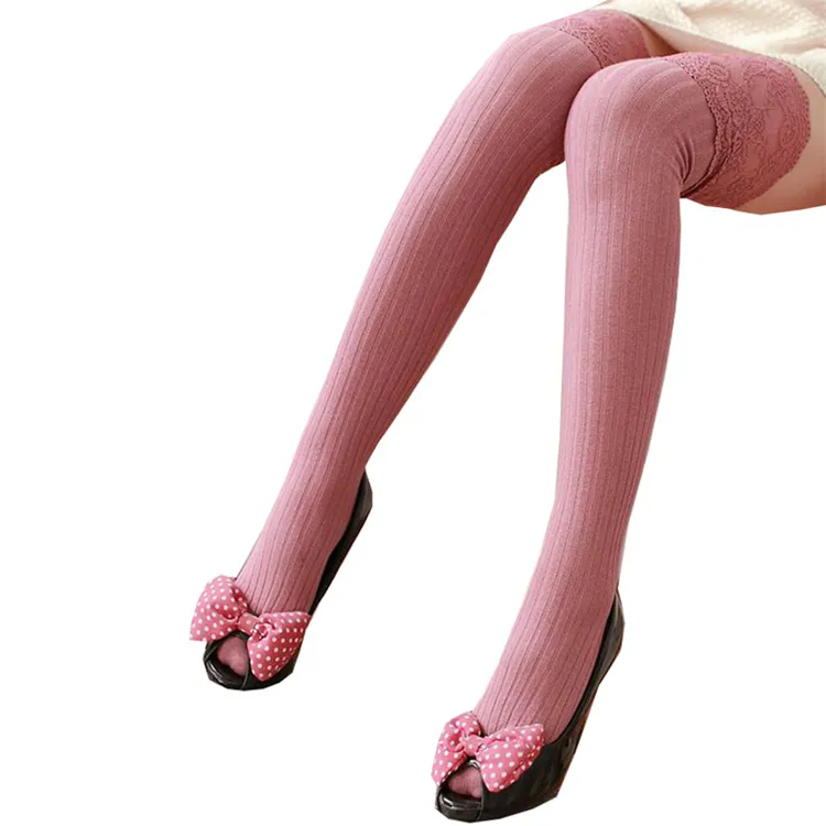 Bahar Lady zarif jakarlı örgü japon diz üstü çorap dantel şerit uyluk yüksek opak pamuk çorap