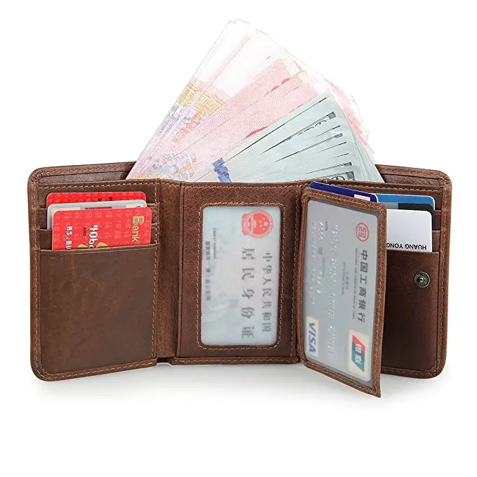 Credit Card Case Men Compact Purse RFID Leather Trifold Mens Wallet with Double ID Windows and Multi Pockets