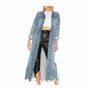 Hot sale women custom frayed hem denim trench coat