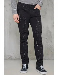 Reale lupo denim jeans produttore Nero Strappato Cut Ginocchia Vernice Splatter Slim Fit Jeans Fornitori Bangladesh