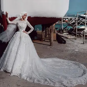 Gaun Pengantin Merek Muslim Vestido De Noiva Gaun Pengantin Arab Dubai Manik-manik Applique Bunga 3D Lengan Panjang