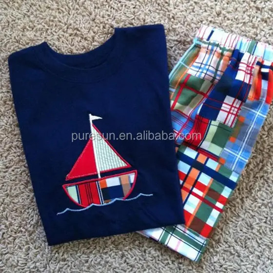 Wholesale OEM children boys summer outfits boutique boat applique shirts and short sets kids boy clothes