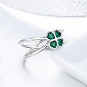 BAGREER SCR196 coreano verde suerte cuatro hojas CZ piedra línea doble anillo de trébol S925 dama de plata anillo de moda de joyería de las mujeres