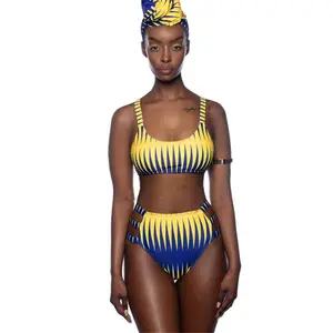 Swimwear Print Zipped Tankini and Strappy Lace Up Swimsuit African Bikini
