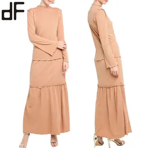 Kustom kualitas tinggi Fashion wanita pakaian Muslim sederhana Solid Crepe Kebaya 2 lapisan Ruffed Hem rok panjang Set Baju Kurung