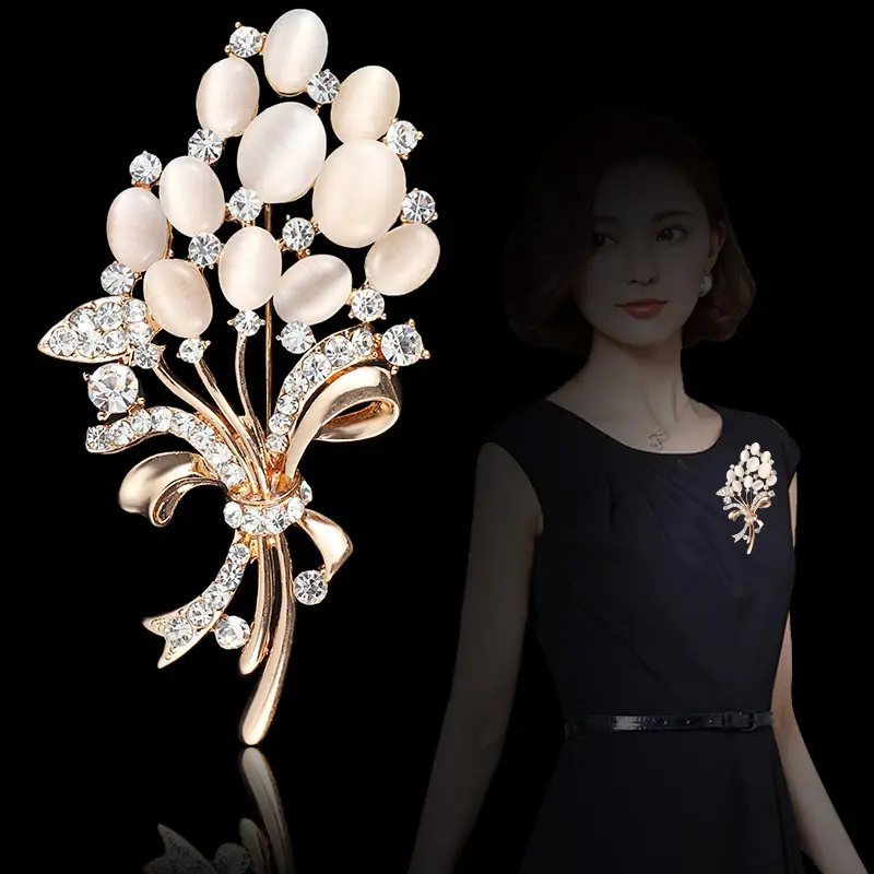 Broche delicado de flor de ópalo para mujer, broches de diamante de alta calidad