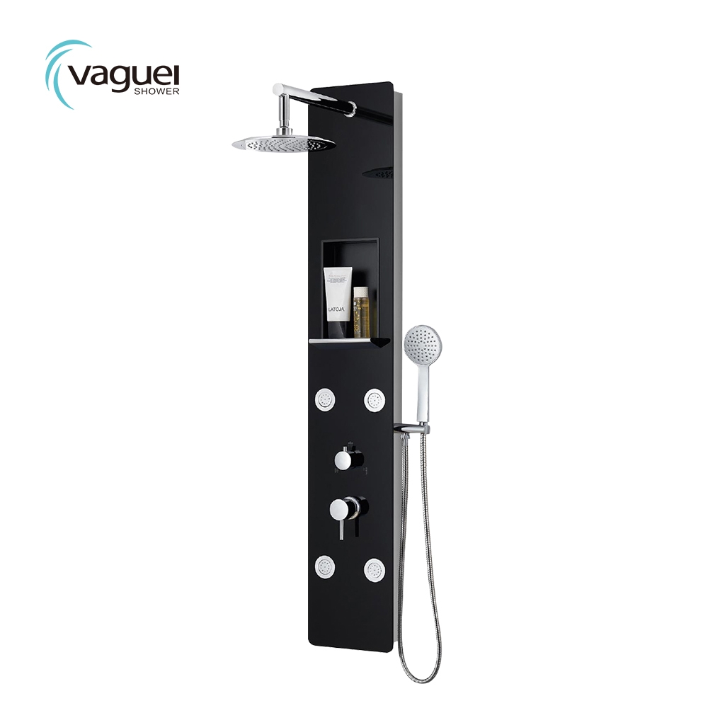 Черная дождевая система для ванной комнаты, полка для хранения с круглой головкой, душевая панель с насадками