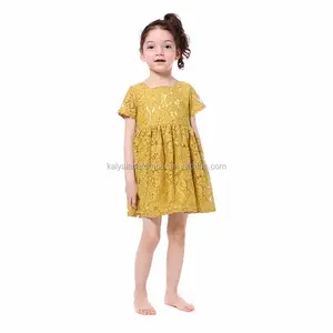 Usine directe moutarde douce dentelle fleur jupe enfants robe robes style doux bébé fille robe de soirée