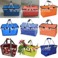 Neue mode lagerung körbe faltbare supermarkt folding isolierte polyester picknick warenkorb griff tragen faltbare taschen