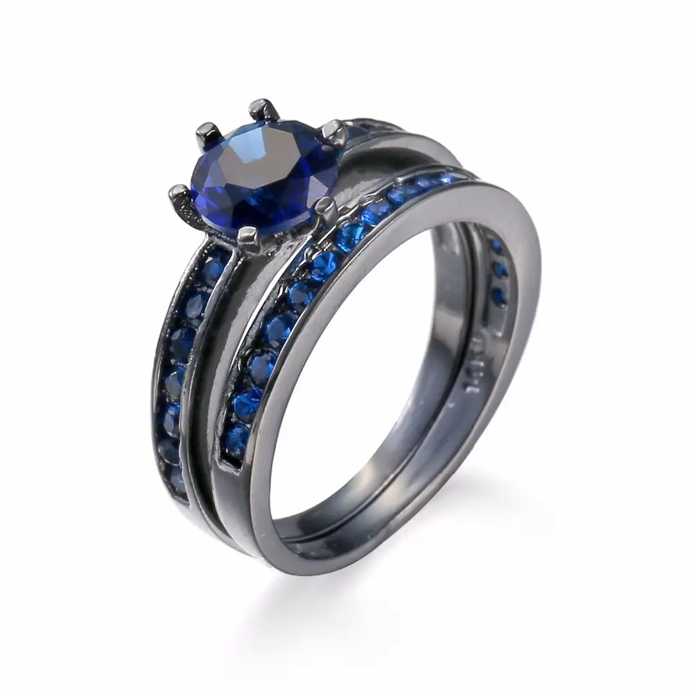 Vintage Vrouwen Blue Sapphire Crystal Wedding Ring Set Blauw Edelsteen Zirconia Zwarte Vergulde Paar Ringen