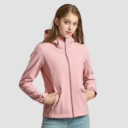 OEM/ODM Eco-friendly Ladies Softshell Jacket Warm Fleece Hiking Jacket with Hood Fashion Casual Polyester for Women Adults Solid
