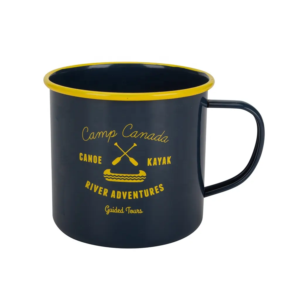 الأصفر الأزرق الأسود الصين مصنع المورد رخيصة شعار المطبوعة معدن مينا مخصص التخييم القهوة الشاي القدح كوب مع شعار مخصص