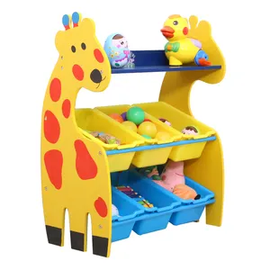 有趣的长颈鹿风格木制儿童家具柜儿童玩具收纳架与塑料收纳盒出售