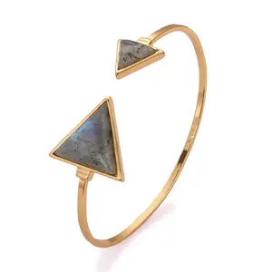 Triangle fashion wholesale 24k gold plated copper natural labradorite stone charms bangle bracelet woman jewelry