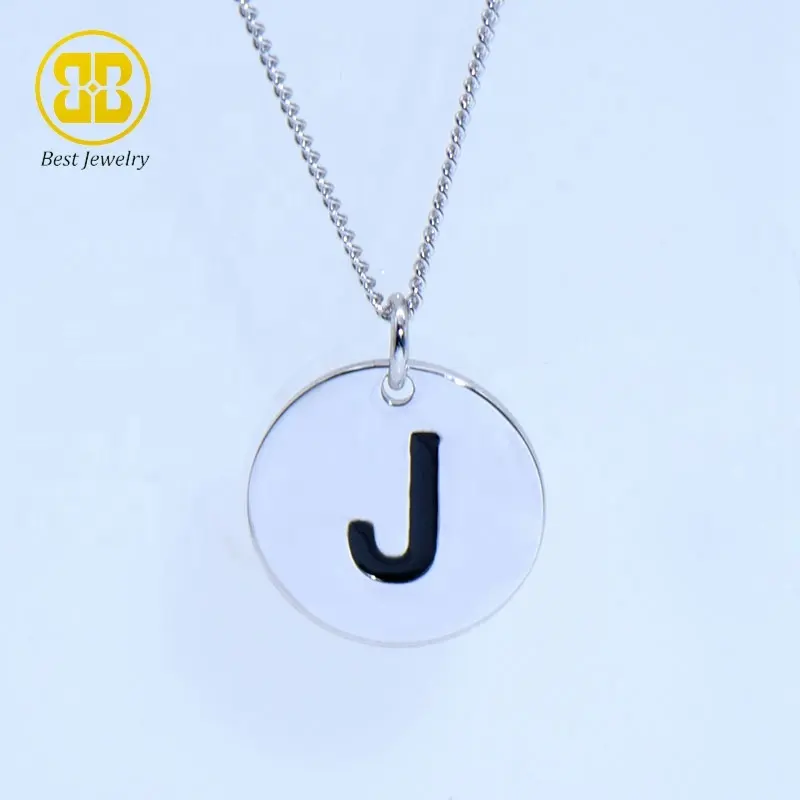 Collar con inicial de esmalte negro y plata 925, joyería, distribuidor, letra del alfabeto 26, dijes de disco J, nombre personalizado