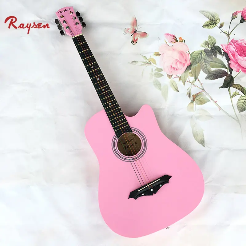 Cute pink guitar for kids women ladies 38 inch basswood practice guitar