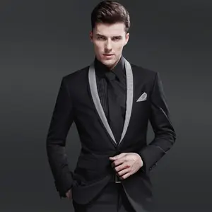 Custom design man's wedding tuxedo suit, shawl lapel tailor black mens suits from Chinese supplier.