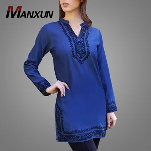 Fashion Demin Muslim Tunic Dunai New Design Plus sizes Tops Hand Embroidery Blouse