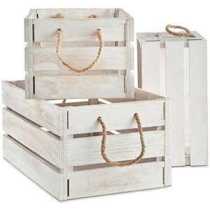Rustic White-Washed Wooden Storage Crates with Jute Rope Handles