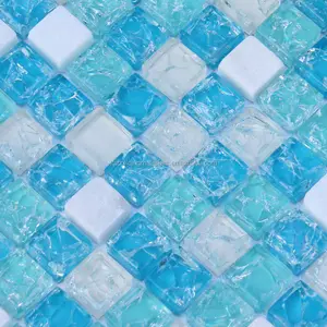 Carrelage mosaïque de verre en pierre blanche, carreaux de verre, bleu, glace craquelée, cristal, mosaïque crème, marbre, carreaux de verre bleu