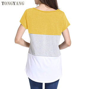 TONGYANGレディーストップス半袖ラウンドネックトリプルカラーブロックストライプTシャツカジュアルブラウス - Product Image 3