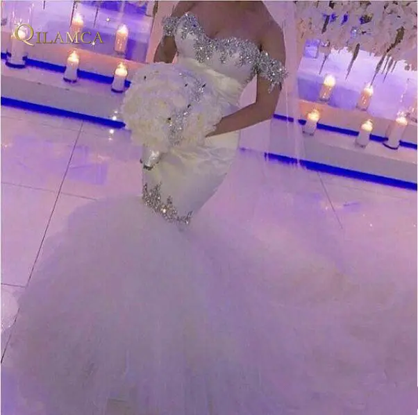 Vestido de novia de sirena con hombros descubiertos, vestido de novia de tul con diamantes de imitación de cristal de lujo, tren de corte, novedad de 2022