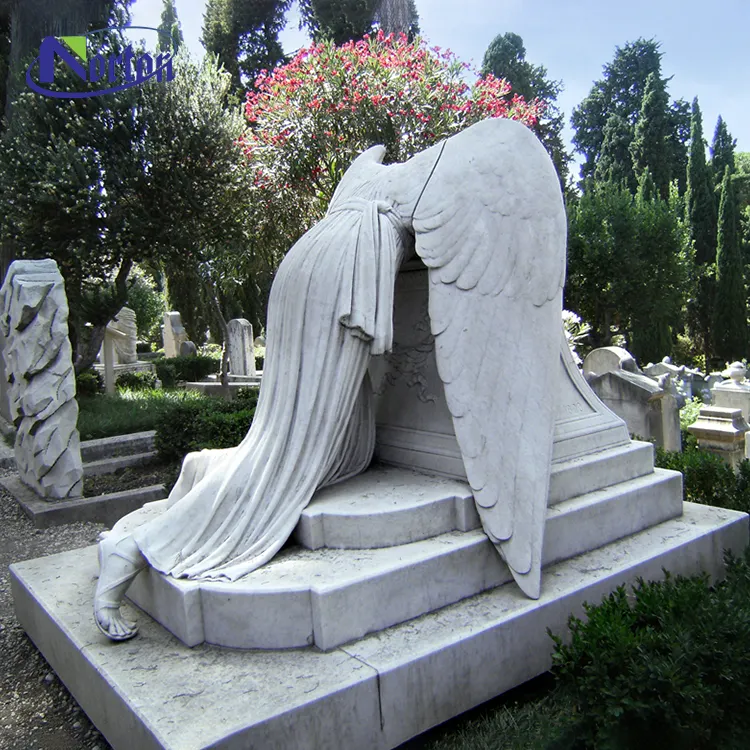 손으로 조각 한 자연석 화강암 묘비 흰색 대리석 무릎 꿇고 천사 묘비 판매 대리석 슬픈 천사 동상