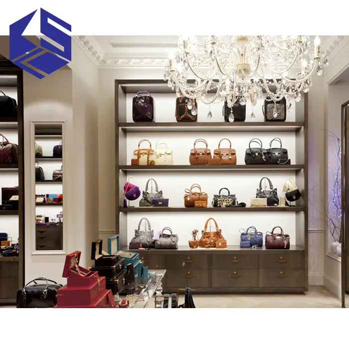 Fancy handbag store design and decoration wooden bag display rack