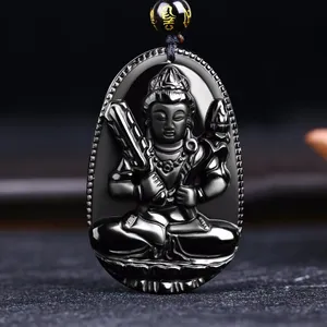 Ciondolo ossidiana nera naturale Avalokiteshvara Buddha Guanyin testa amuleti e talismani Scrub ciondolo con collana di perline