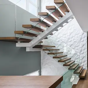 U-vormige glas hout trappen ontwerp indoor mono stringer trap