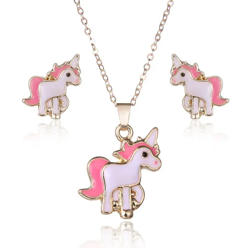 Conjunto de collar y pendientes con diseño de unicornio y Pony, joyería de aleación de animales