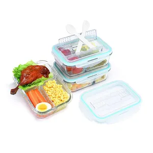 3 डिब्बे ग्लास भोजन प्रस्तुत करने का दोपहर के भोजन के बॉक्स के साथ 3-पैक खाद्य भंडारण कंटेनर सेट प्लास्टिक कटलरी बर्तन ढक्कन