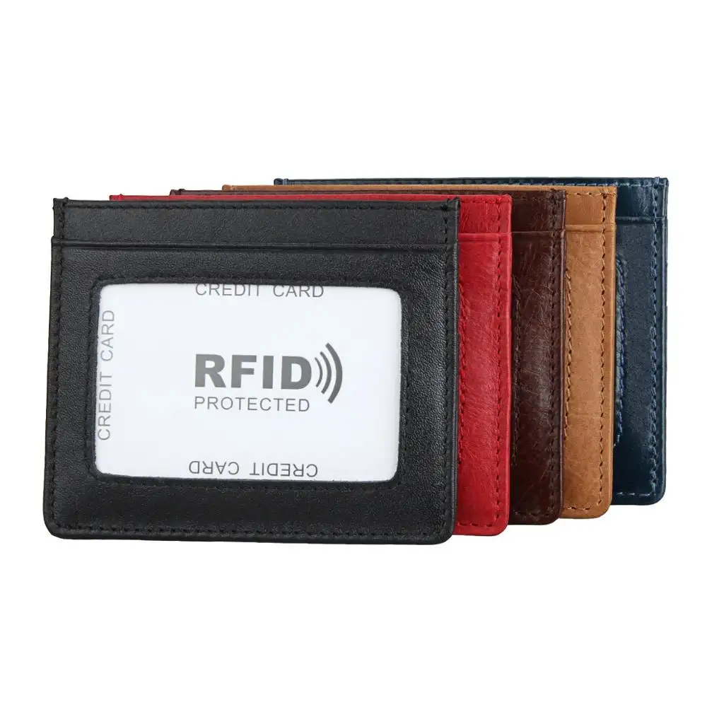 Funda protectora para tarjetas de crédito, funda delgada de cuero genuino con bloqueo rfid