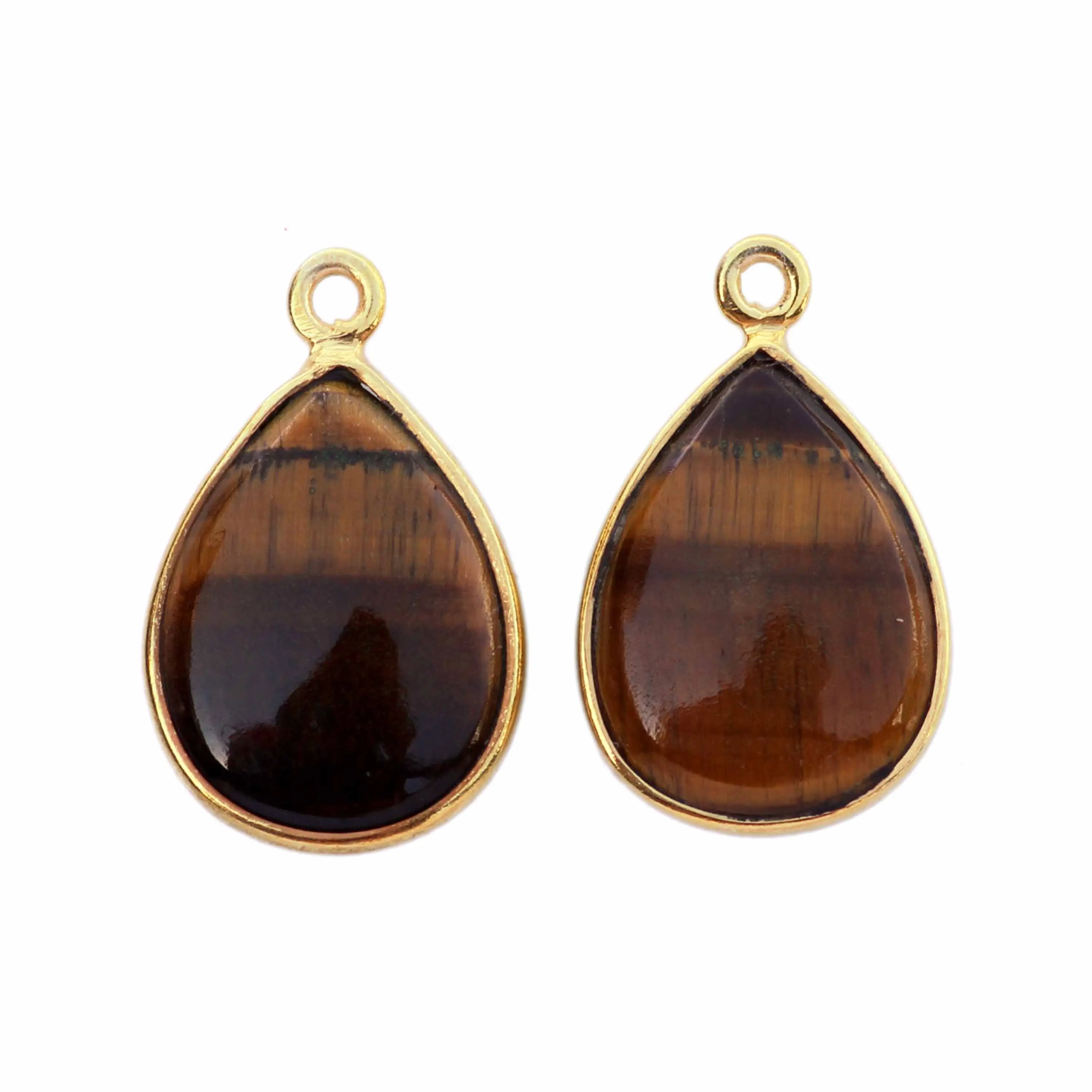 Grosir 12X16Mm Natural Tiger Eye Brown Gemstone Berlapis Emas 925 Sterling Silver Bezel Charm dengan Loop untuk Liontin Kalung